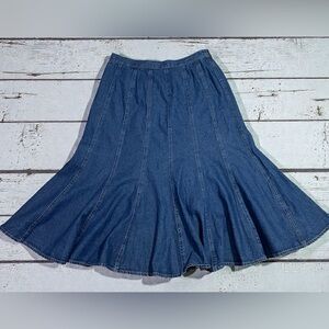 Studio West Gored Denim Midi Skirt S Elastic Waist Y2K Cottage-core Prairie